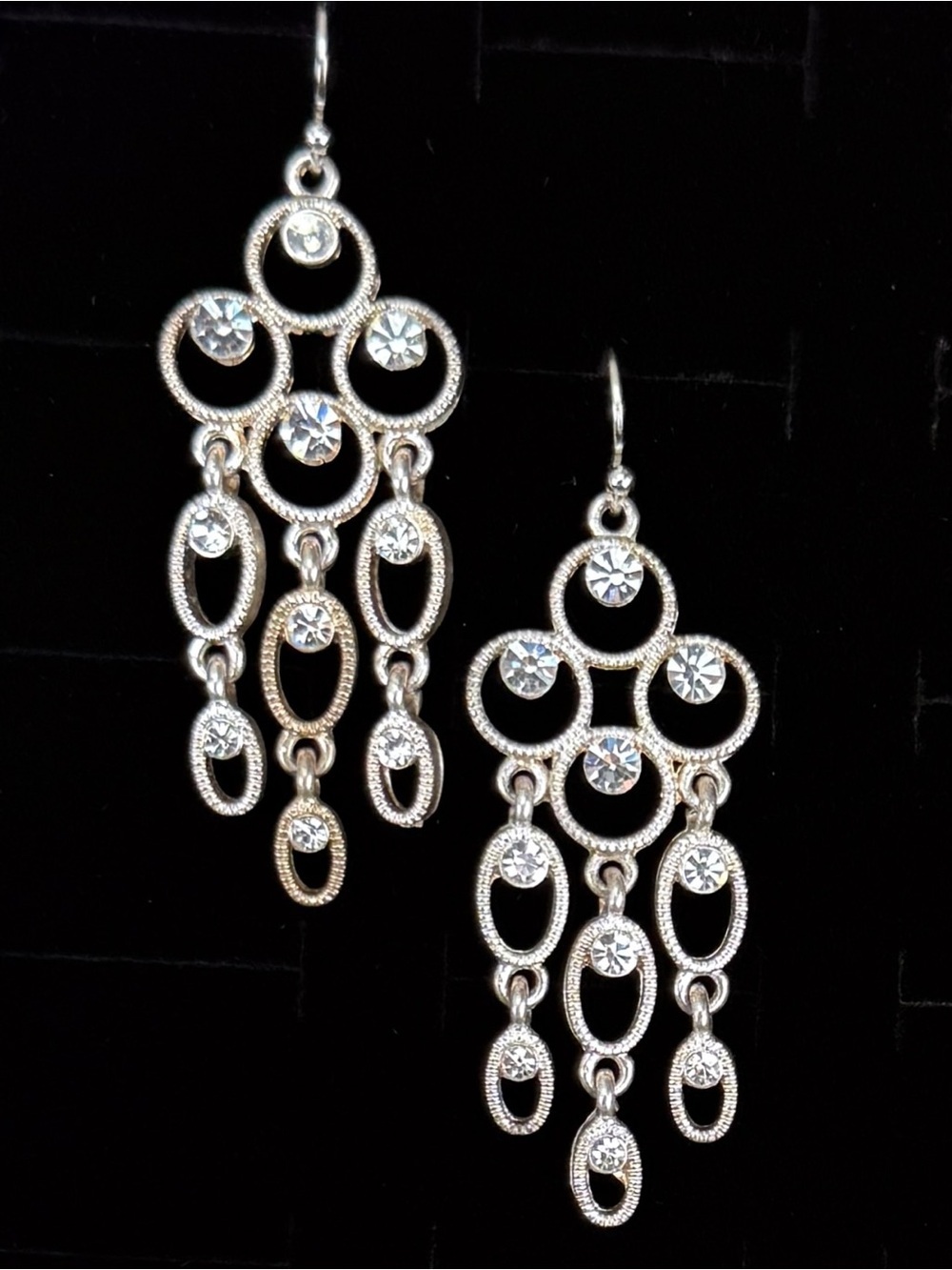 Vintage brushed, Silvertone clear bling chandelier long pierced earrings